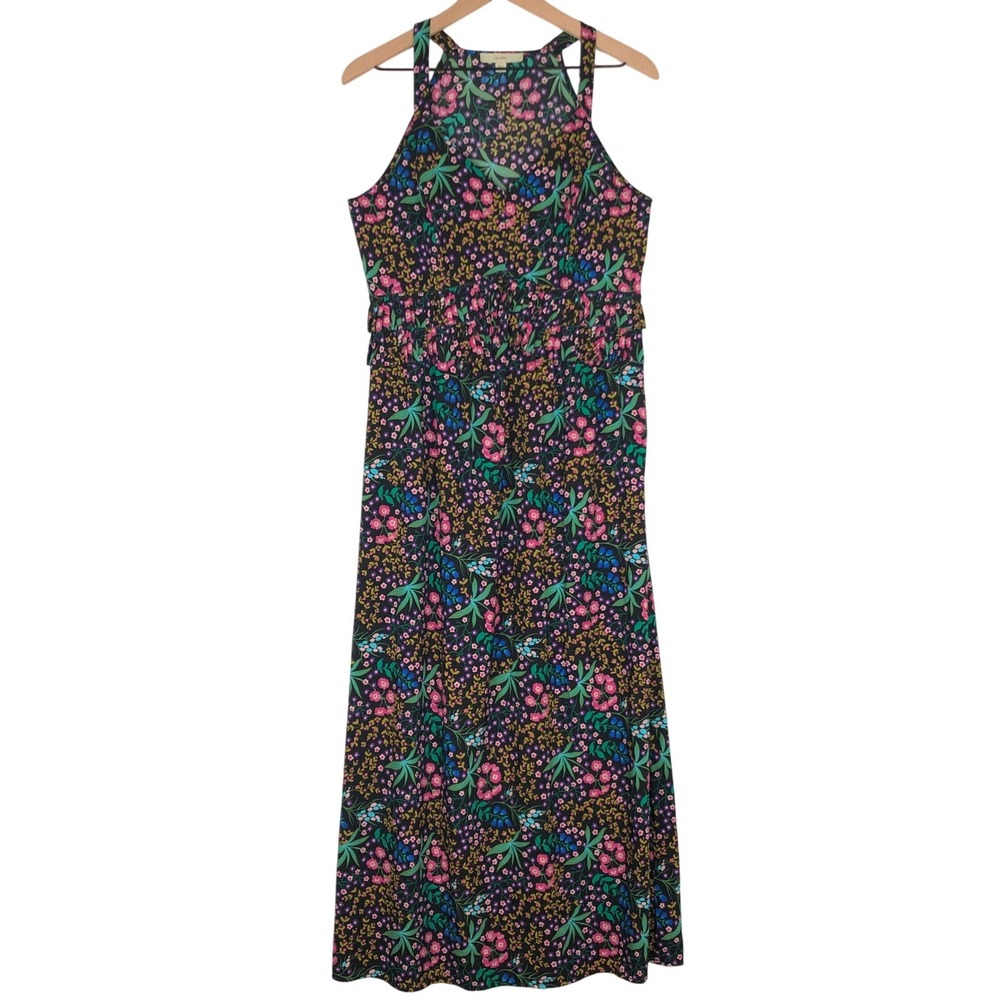 LARK & RO Floral Tiered Ruffle Waist Halter Maxi Dress Sz M Black Pockets